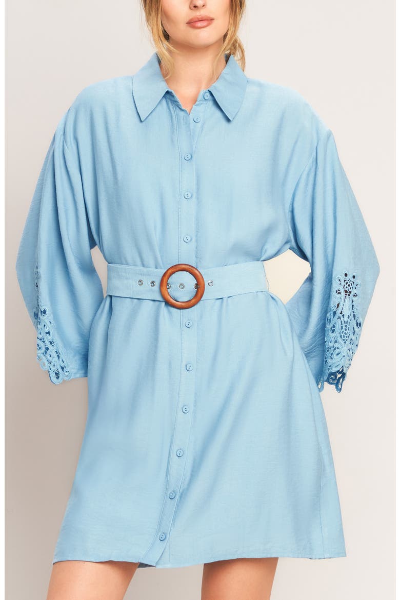 Lace Panel Long Sleeve Belted Shirtdress, Alternate, color, LIGHT BLUE