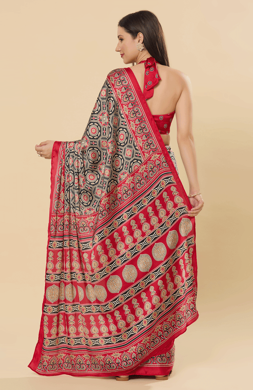One Minute Saree® Zoya Ajrakh Red Pre-draped Satin Printed Saree