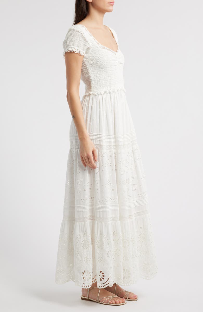 LoveShackFancy Bisolet Lace Trim Tiered Sundress, Alternate, color, Optic White