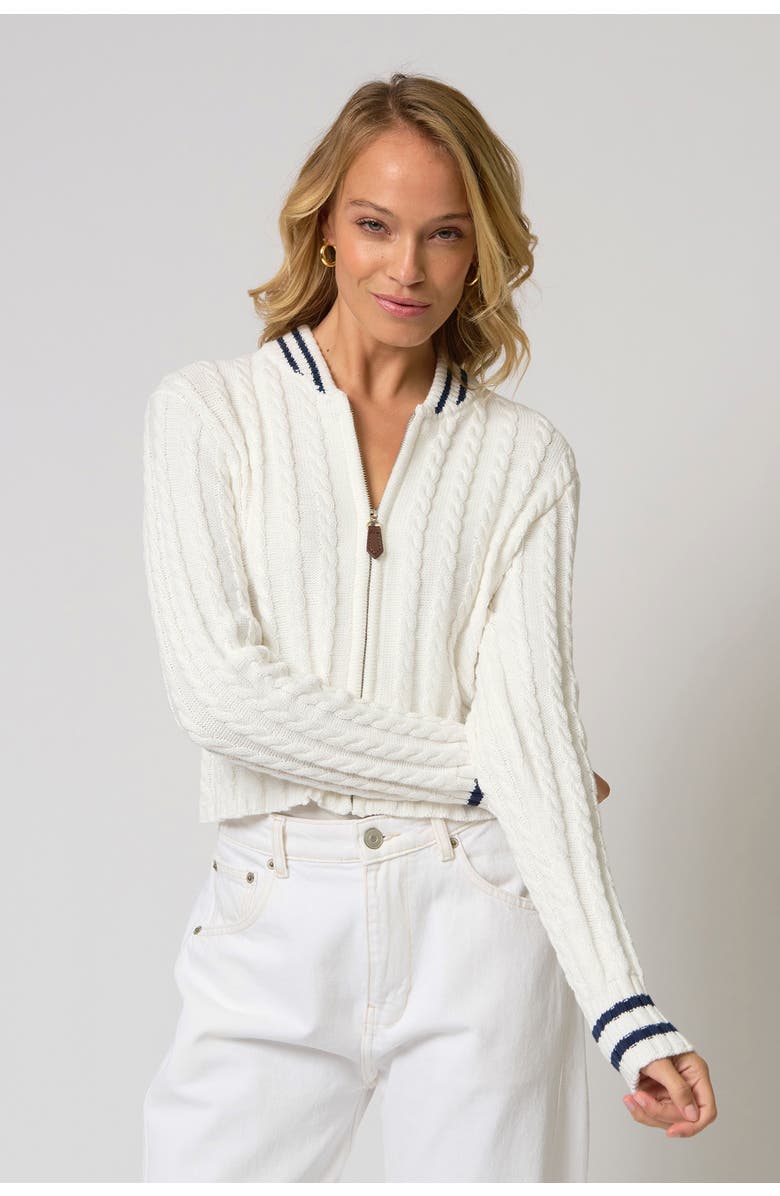 Central Park West Coen Cable Zip Up Bomber, Main, color, White/Navy