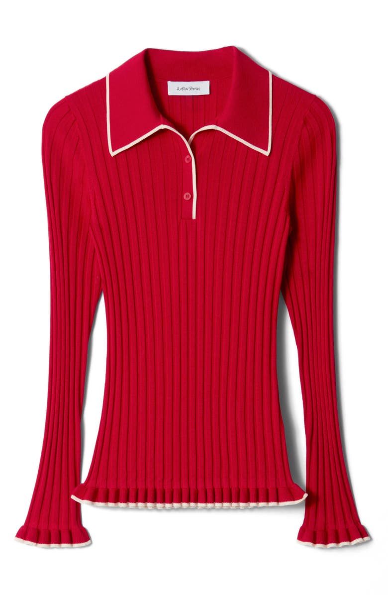 & Other Stories Tipped Ribbed Ruffle Trim Polo Sweater, Alternate, color, Red Medium