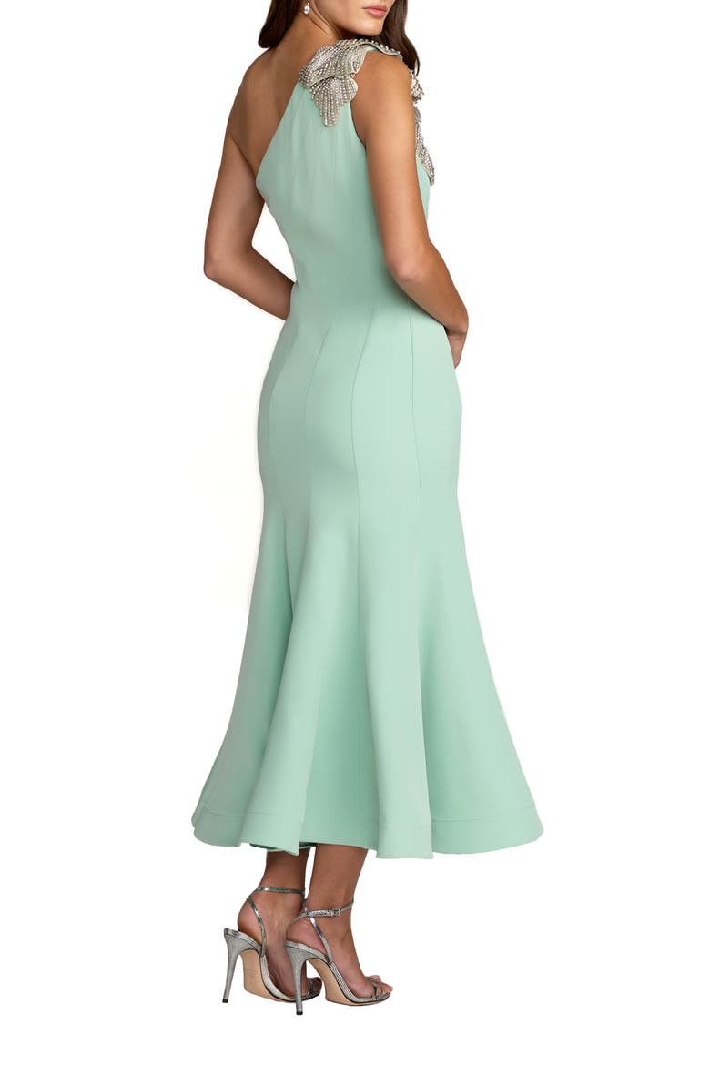 One-Shoulder Crepe Midi Dress with Floral Appliqué, Alternate, color, Sage
