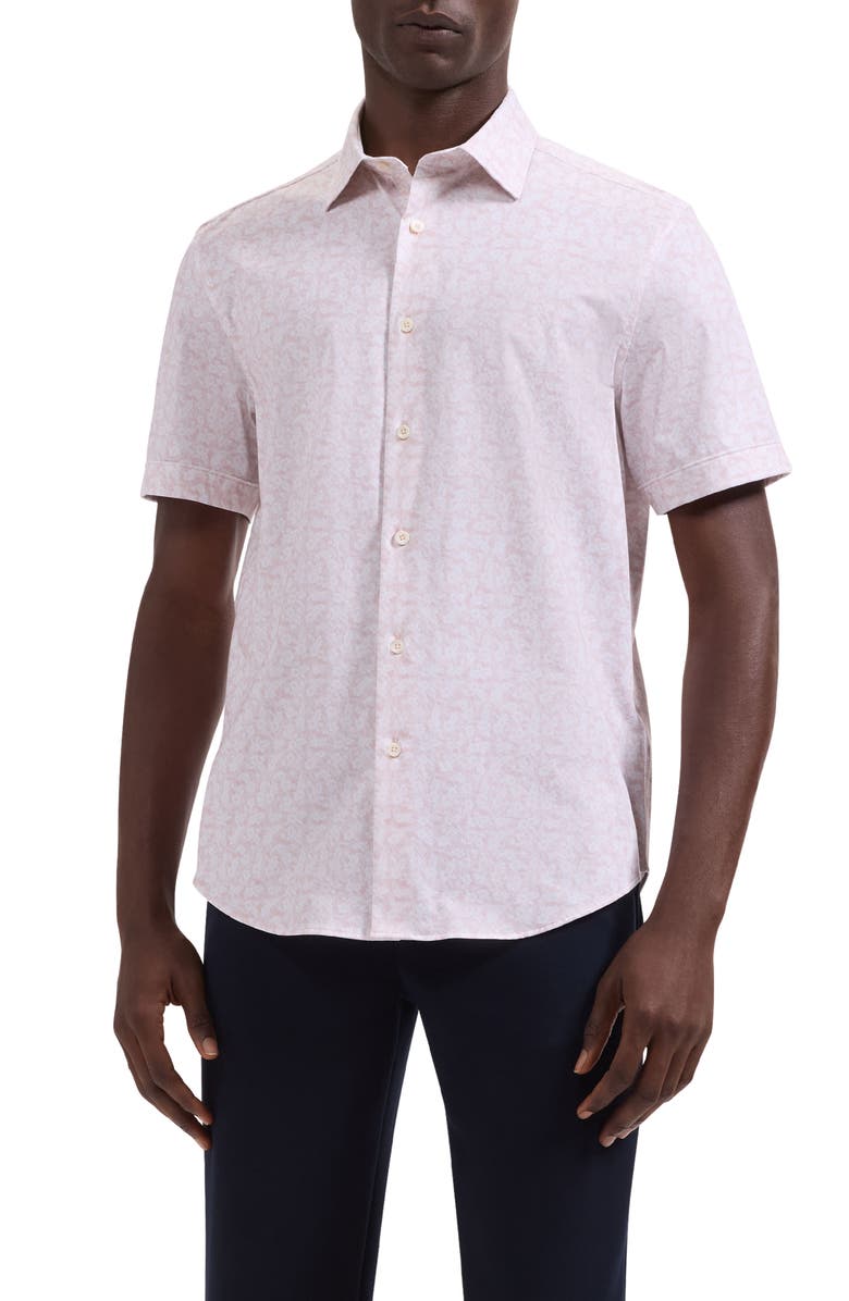 Bugatchi Miles OoohCotton<sup>®</sup> Floral Print Short Sleeve Button-Up Shirt, Main, color, Peach