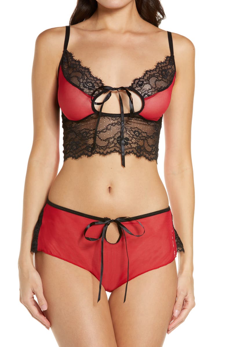 Coquette Lace & Mesh Longline Bralette & Boyshorts Set, Main, color, Red