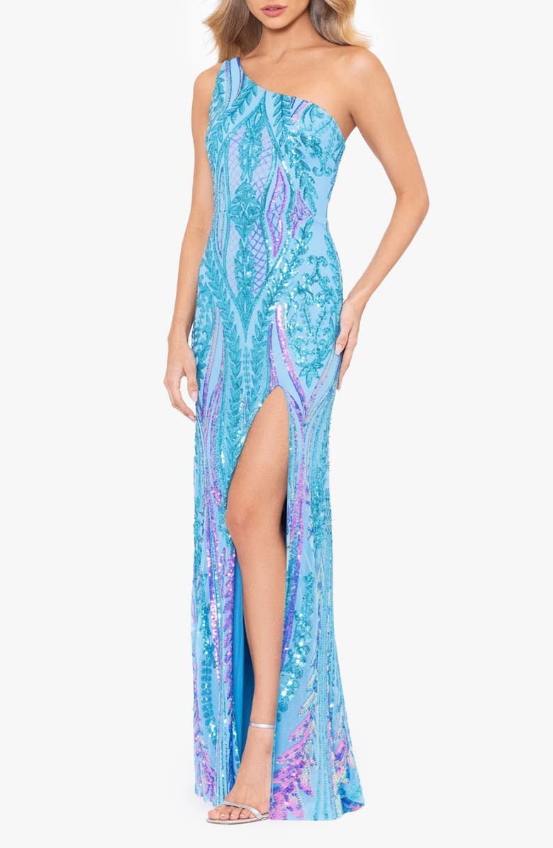 Blondie Nites Sequin Tie-Back Gown, Alternate, color, Aqua Multi