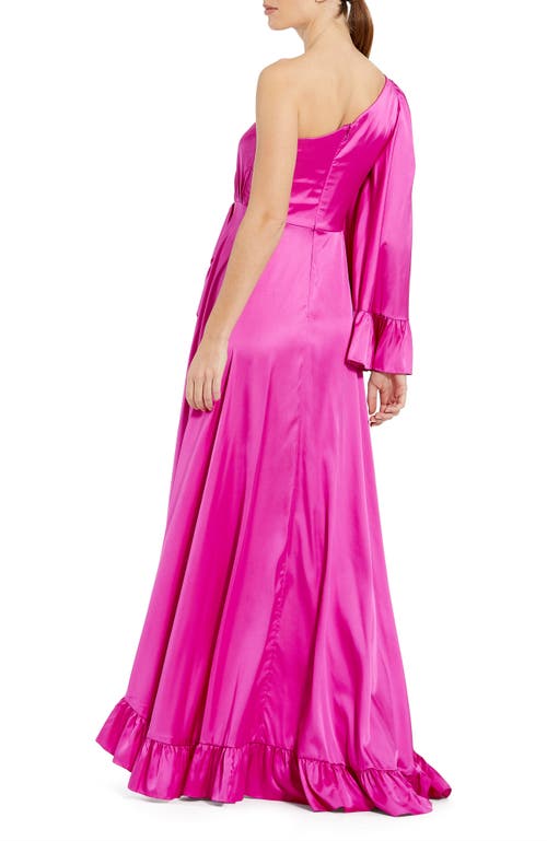 Mac Duggal Long One Sleeve Asymmetrical Ruffle Hem Gown In Magenta