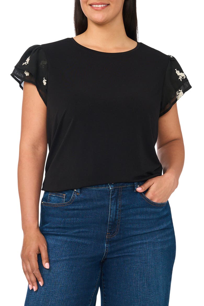Embroidered Tiered Ruffle Sleeve Stretch Crepe Top, Main, color, RICH BLACK