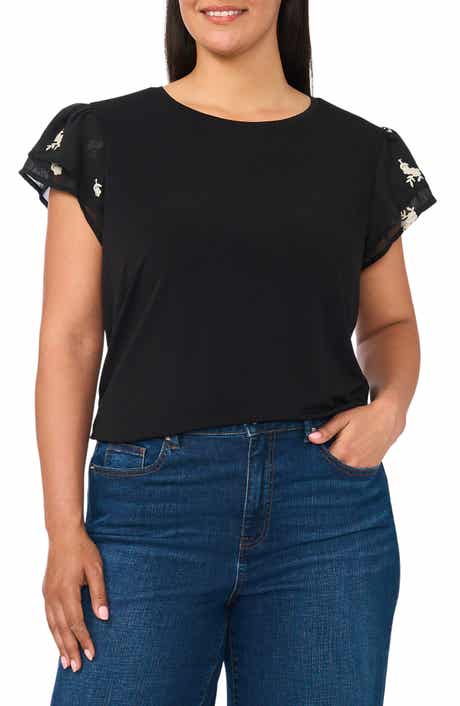 Embroidered Tiered Ruffle Sleeve Stretch Crepe Top
