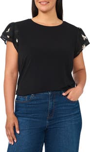 CeCe Embroidered Tiered Ruffle Sleeve Stretch Crepe Top
