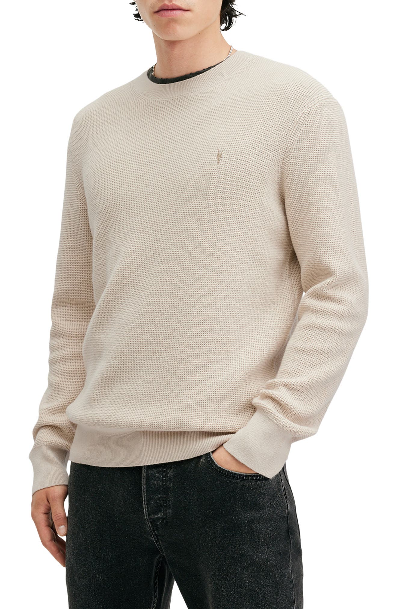 AllSaints Oversize Cotton & Wool Waffle Crewneck Sweater