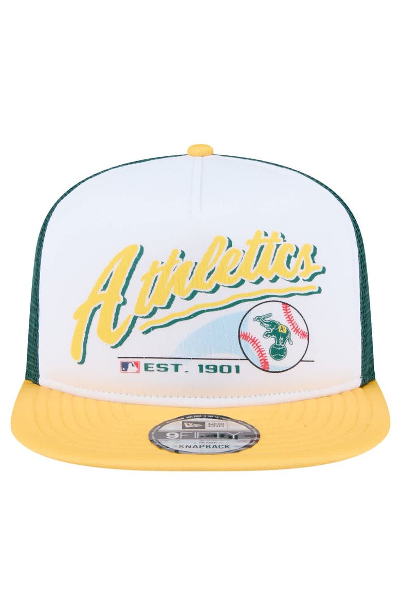 New Era Men's New Era White/Gold Athletics Retro Script Trucker 9FIFTY Snapback Hat, Alternate, color, 