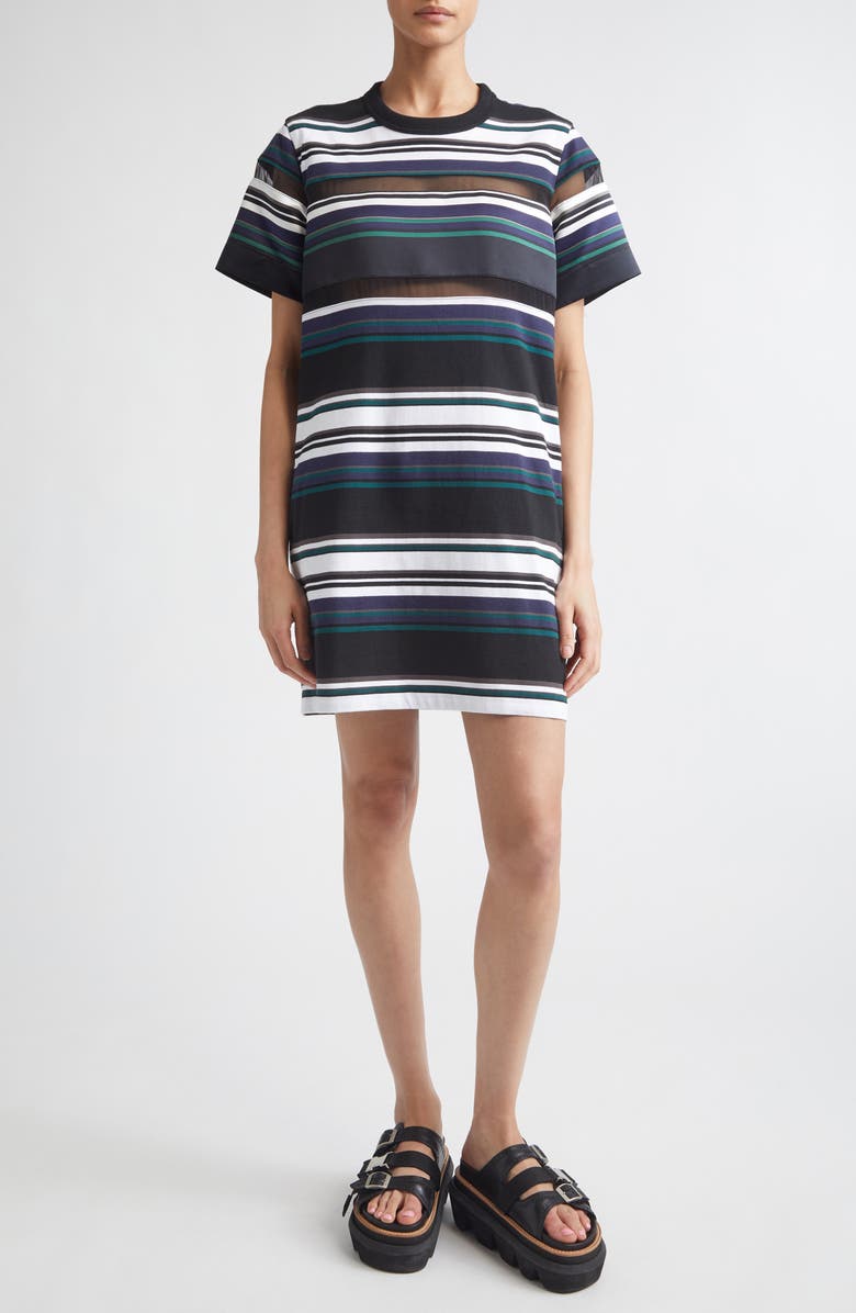 Sacai Stripe Cotton Jersey T-Shirt Dress, Main, color, Black