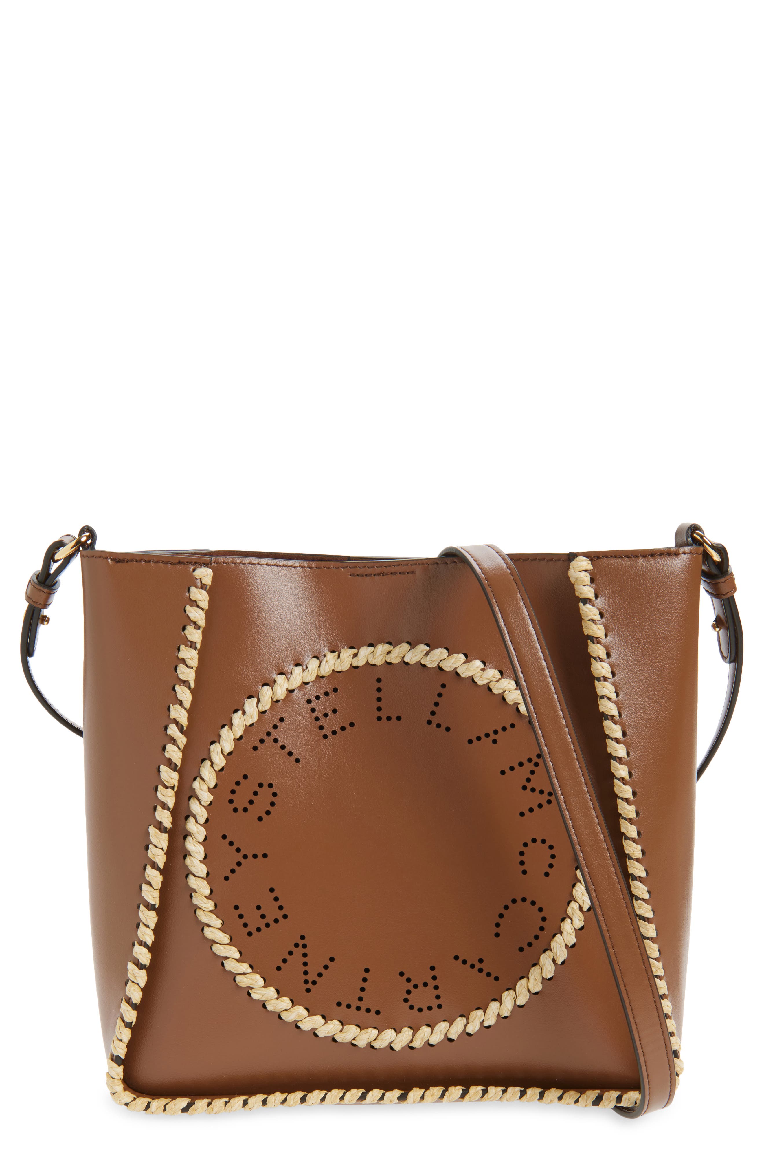 Stella McCartney Raffia Trim Crossbody Bag, Main, color, Tan
