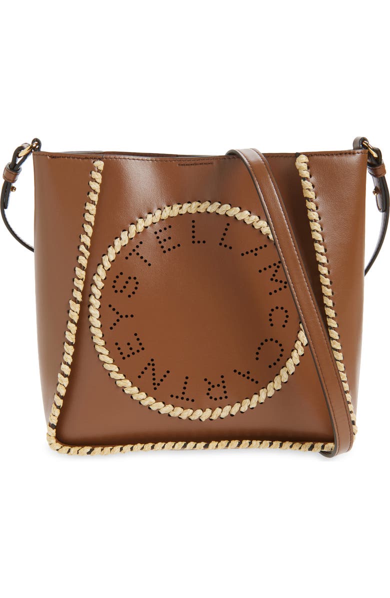 Stella McCartney Raffia Trim Crossbody Bag, Main, color, Tan