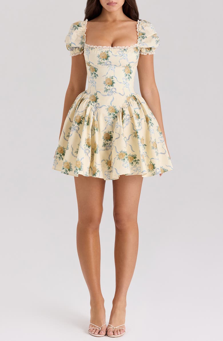 HOUSE OF CB Rosie Puff Sleeve Stretch Cotton Mini Sundress, Main, color, Yellow Rose Print