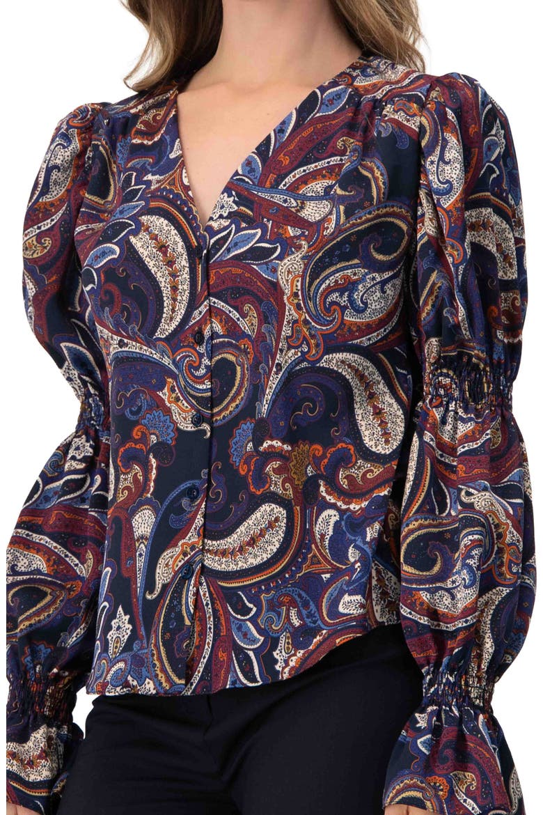 V-Neck Printed Shirt With Smocked Sleeves, Alternate, color, Multi-Brown