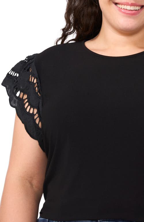 Cece Embroidered Flutter Sleeve Mixed Media Top In Black