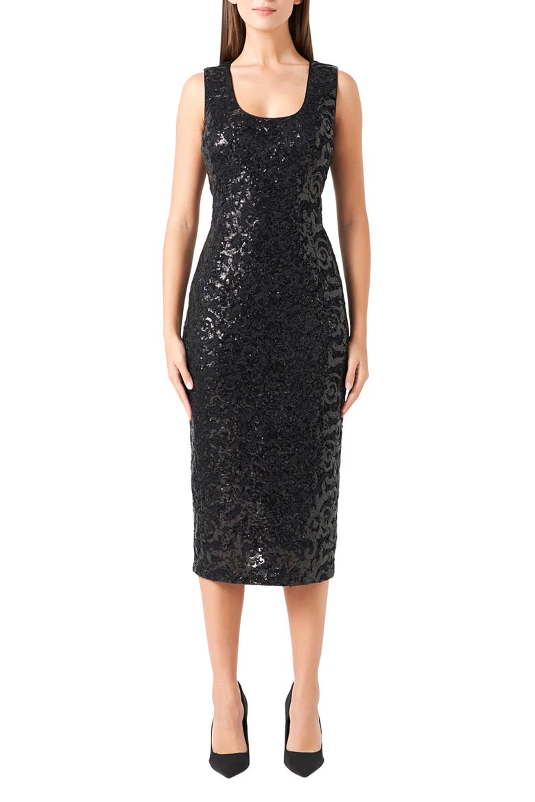 Sequin Lace Midi Dress, Main, color, BLACK