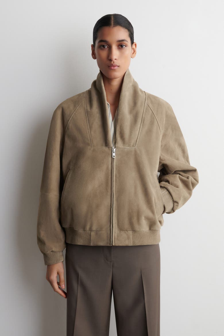 Shawl-collar Suede Bomber Jacket, Alternate, color, BEIGE