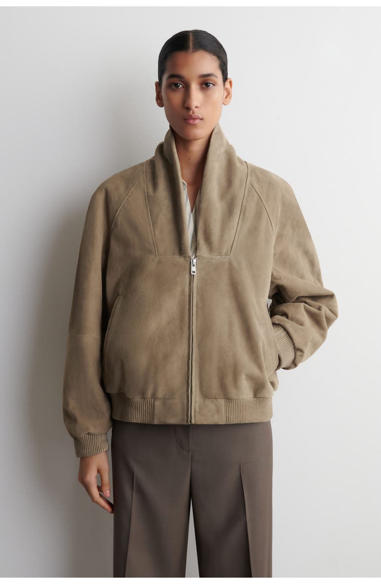 COS Shawl-collar Suede Bomber Jacket, Alternate, color, Beige
