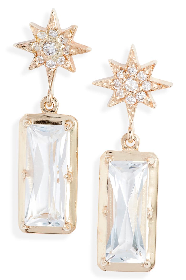 Starburst White Topaz Drop Earrings, Main, color, YELLOW GOLD/ WHITE