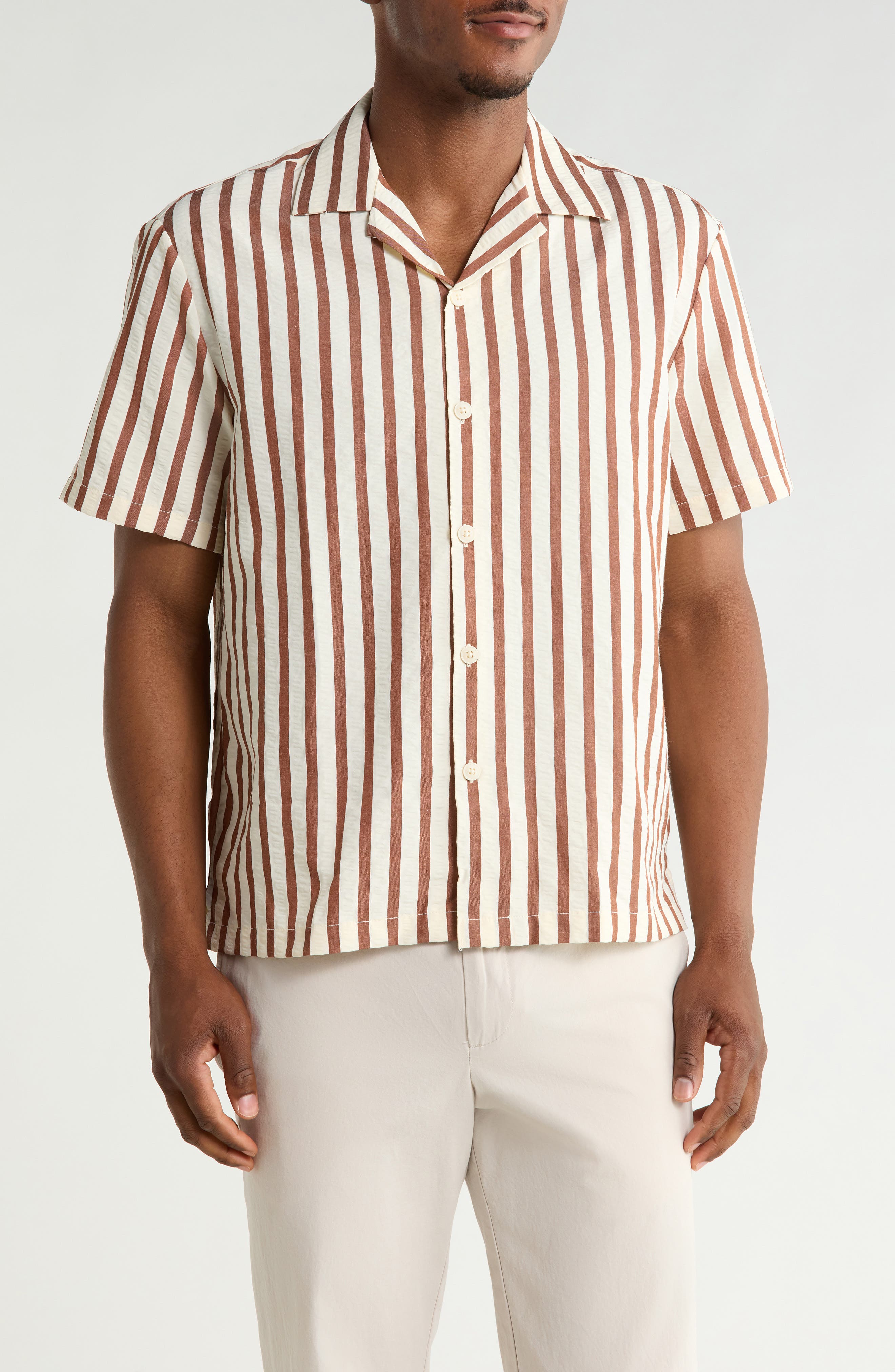 DENIM AND FLOWER Vertical Stripe Short Sleeve Button-Up Shirt