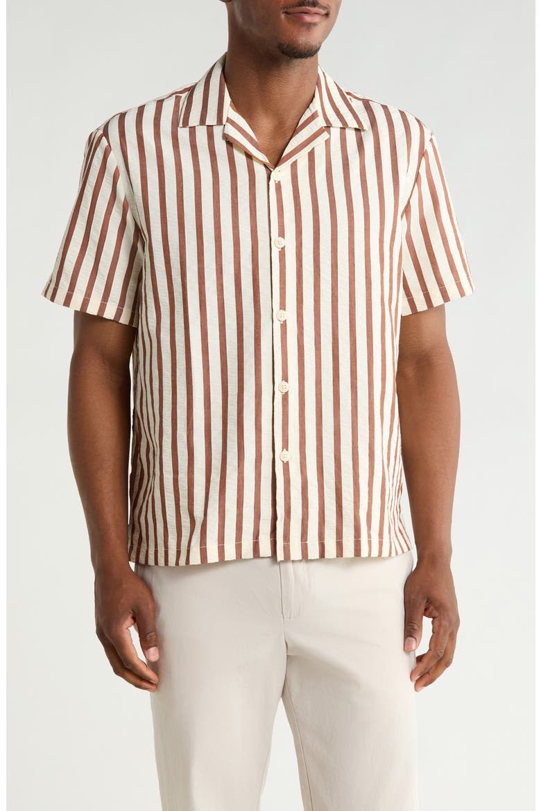 Vertical Stripe Short Sleeve Button-Up Shirt, Main, color, BEIGE