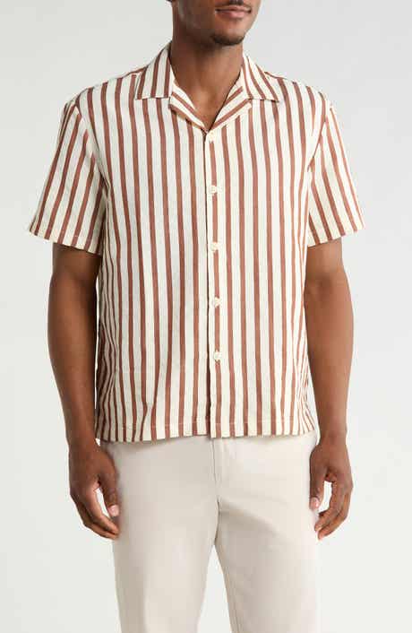 DENIM AND FLOWER Vertical Stripe Short Sleeve Button-Up Shirt