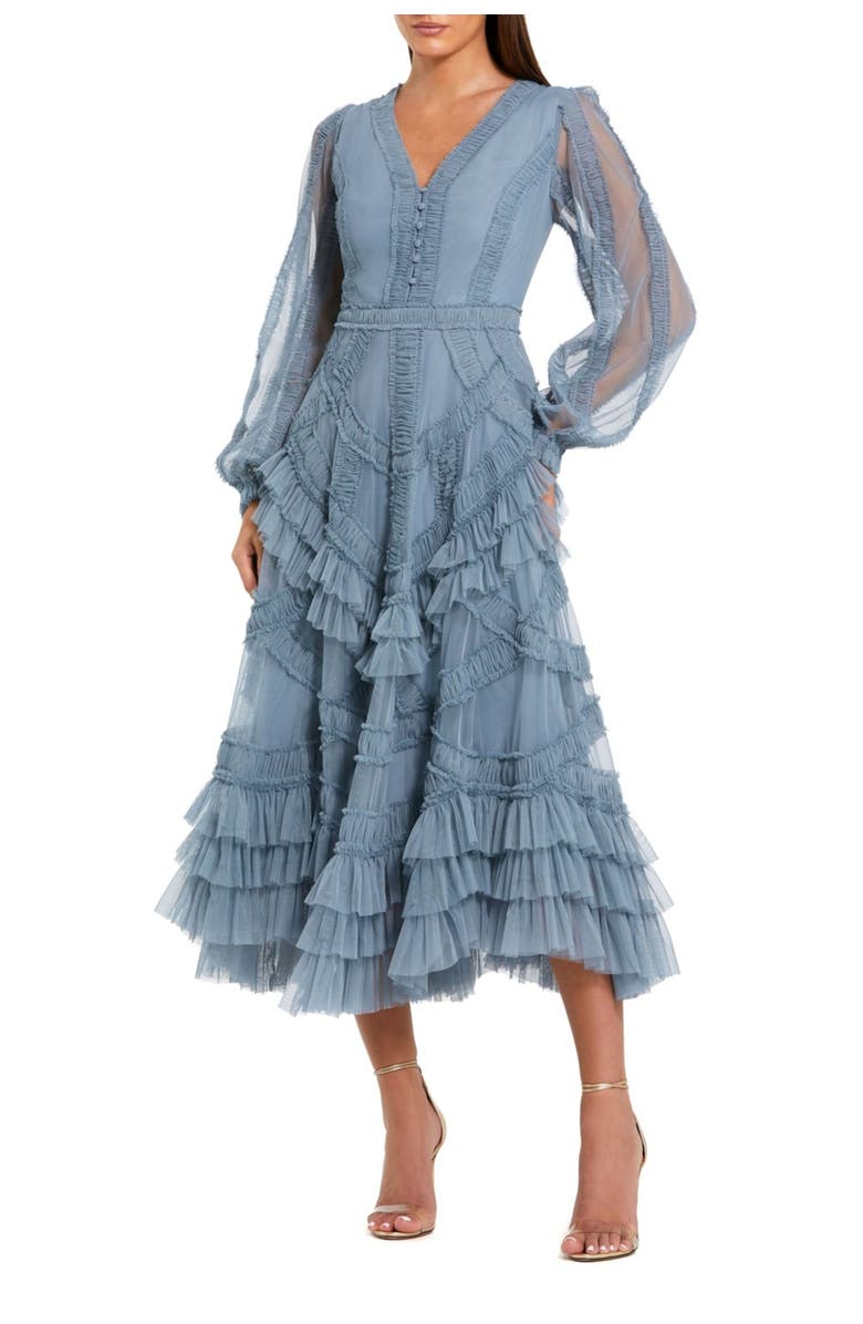 Mac Duggal Petite Long Sleeve V Neck Mesh Micro Ruffle Midi Dress, Main, color, Slate Blue