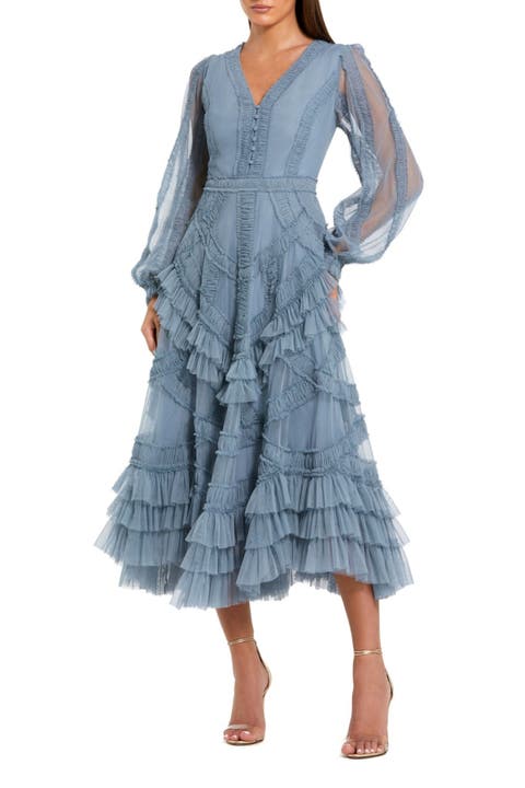 Petite Long Sleeve V Neck Mesh Micro Ruffle Midi Dress