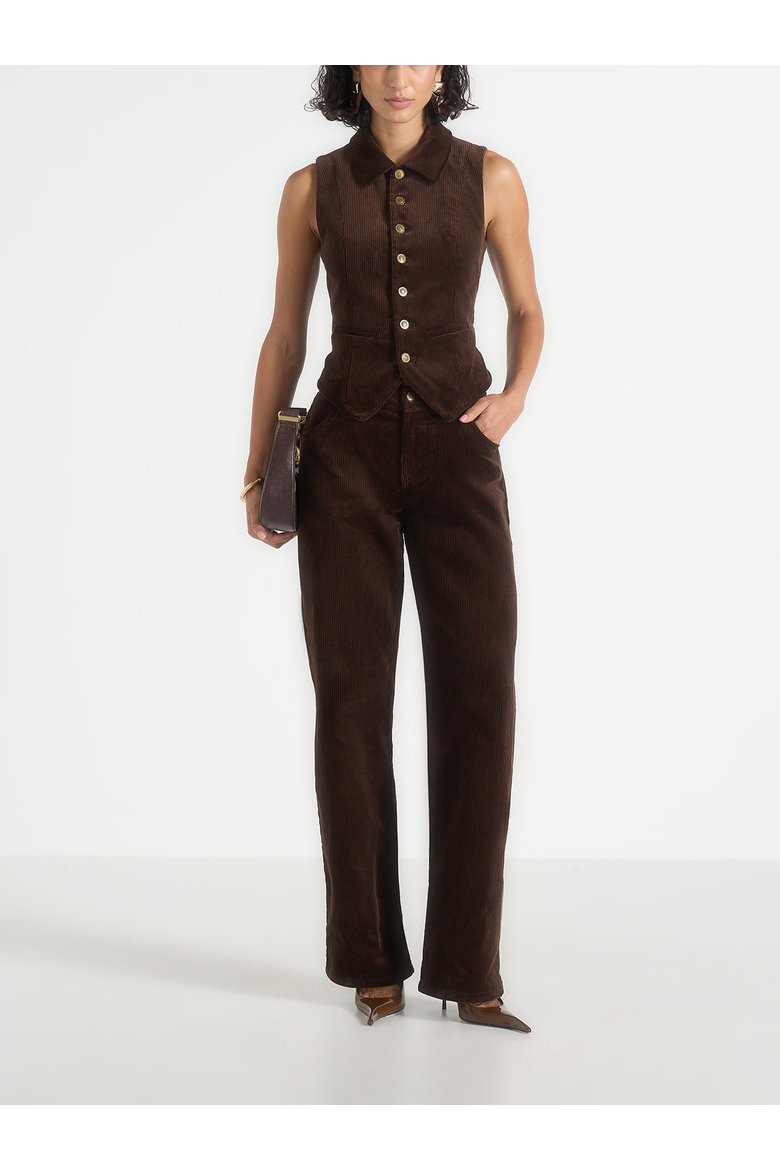 Nancy Corduroy Cinched Waistcoat with Point Collar, Alternate, color, Brown
