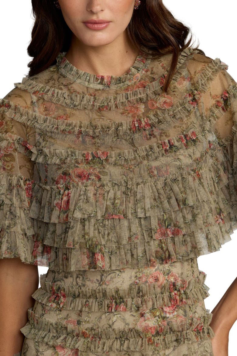 Floral Mesh Ruffle Midi Dress, Alternate, color, Olive