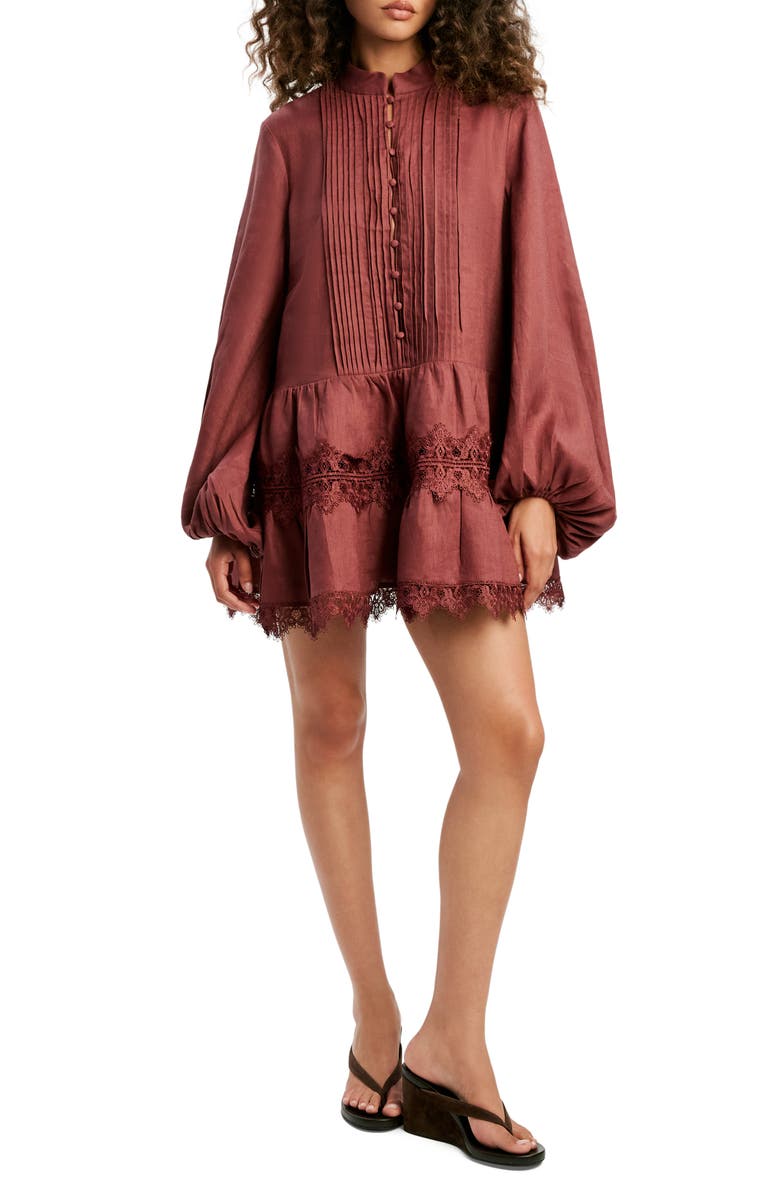 Bardot Antonia Lace Trim Long Sleeve Linen Minidress, Main, color, Chestnut