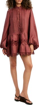 Bardot Antonia Lace Trim Long Sleeve Linen Minidress