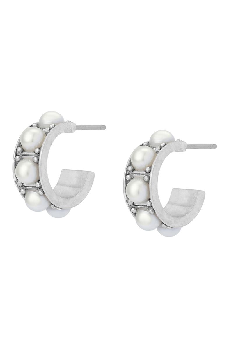 AllSaints Imitation Pearl Small Huggie Earrings, Alternate, color, Pearl/ Warm Silver