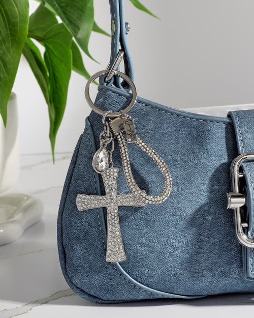 Jessica Simpson Elegant Rhinestone Cross Keychain In Metallic