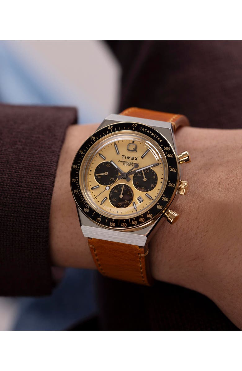 Timex<sup>®</sup> Q Chronograph Leather Strap Watch, 40mm, Alternate, color, Brown