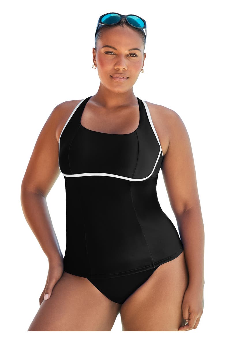 Chlorine Resistant Square Neck Contrast Trim Tankini Top, Main, color, Black White