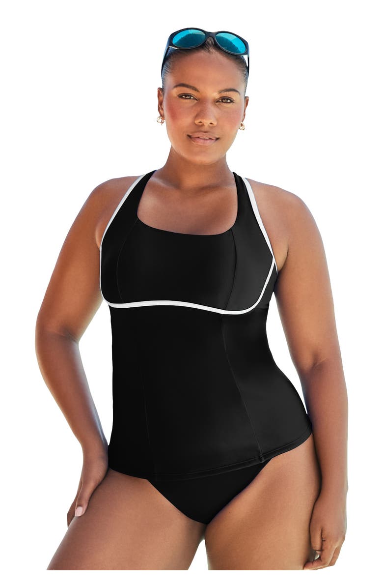 Swimsuits for All Chlorine Resistant Square Neck Contrast Trim Tankini Top, Main, color, Black White