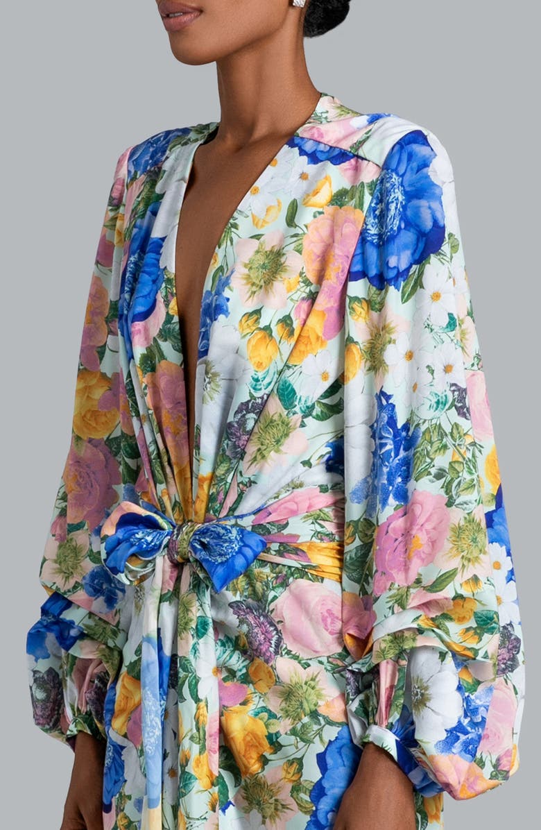 Ghrail Millie Tie Belt Long Sleeve Satin Gown, Alternate, color, Floral