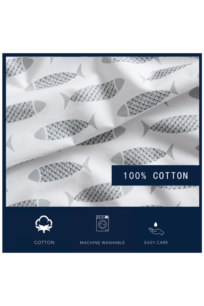 Woodblock Fish Cotton Percale Sheet Set, Alternate, color, GREY