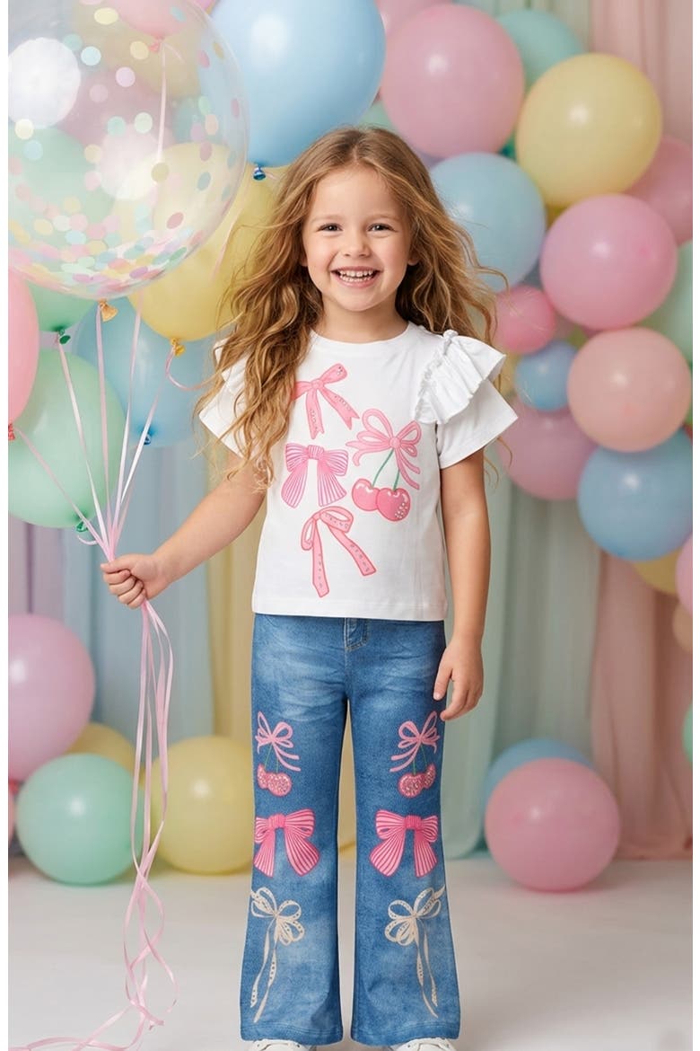 Kids' Bow Print 2-Piece Top & Pants Set, Alternate, color, WHITE MULTI