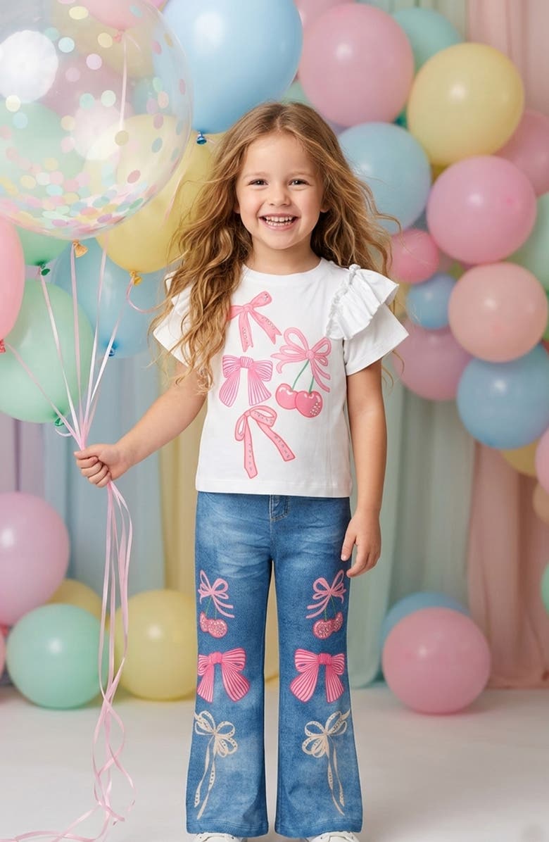 Sara Sara Kids' Bow Print 2-Piece Top & Pants Set, Alternate, color, White Multi