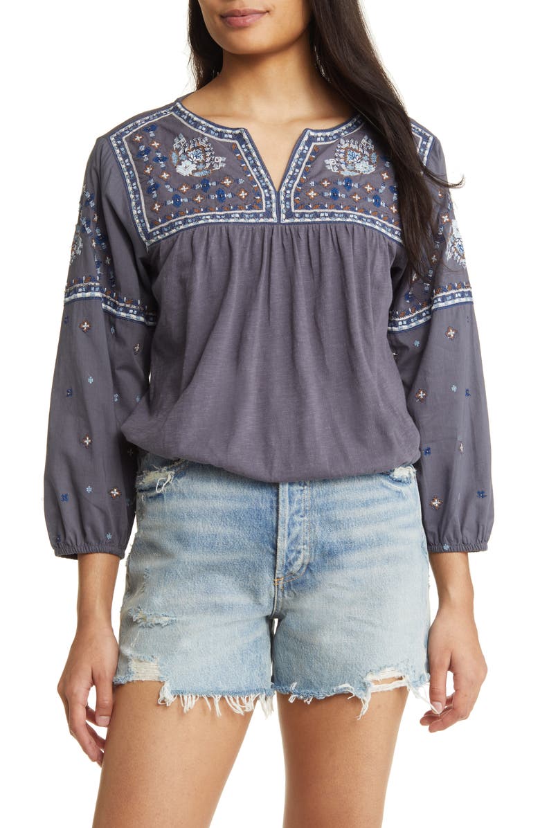 Lucky Brand Embroidered Bubble Hem Peasant Blouse, Main, color,