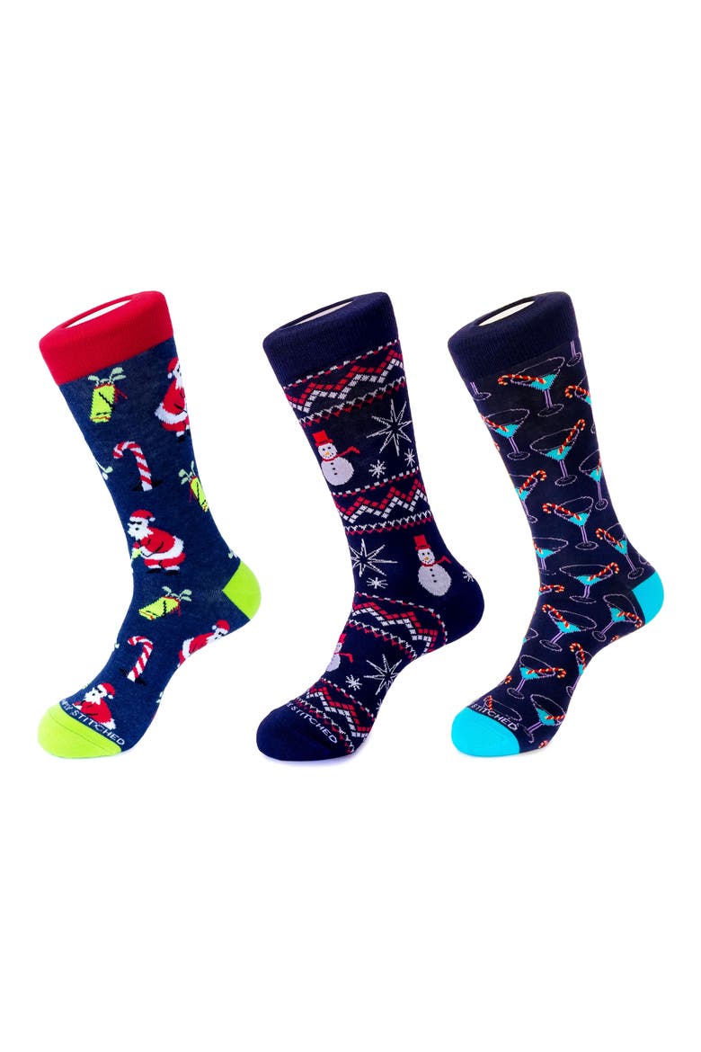 3-Pack Holiday Crew Socks, Main, color, NAVY MULTI