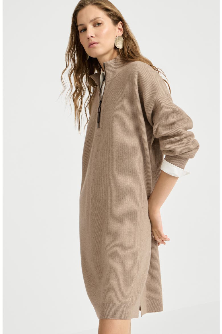 Virgin wool, cashmere and silk rib knit dress with precious half zip, Alternate, color, Beige