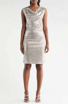 Connected Apparel Drape Neck Side Pleat Sheath Dress