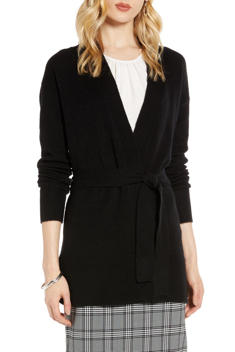 Tie Waist Cardigan, Main, color, BLACK