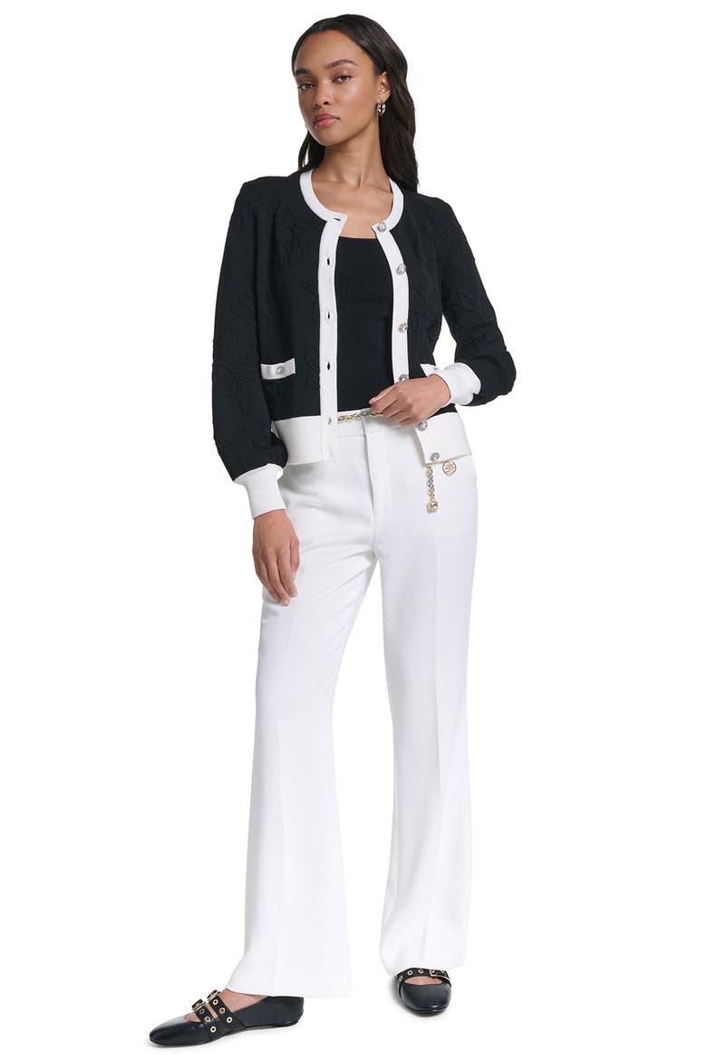 Jacquard Pattern Crewneck Cardigan, Alternate, color, BLACK/ SOFT WHITE