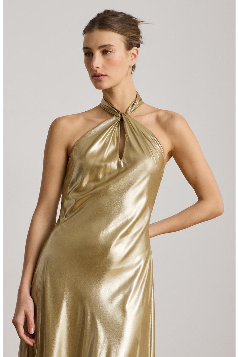 Metallic Chiffon Halter Neck Gown, Alternate, color, LIGHT GOLD FOIL/ MULTI